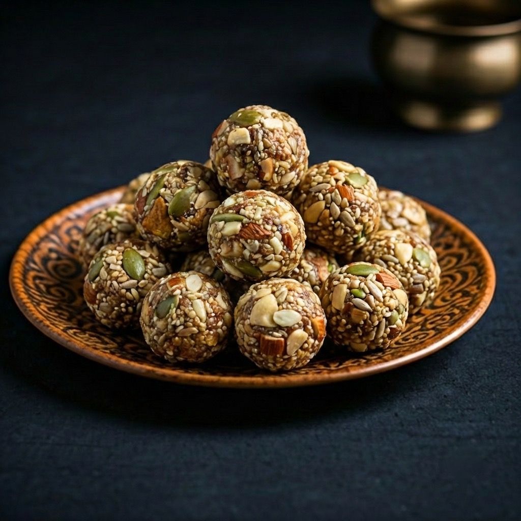 Assorted Indian Ladoos on a decorative plate